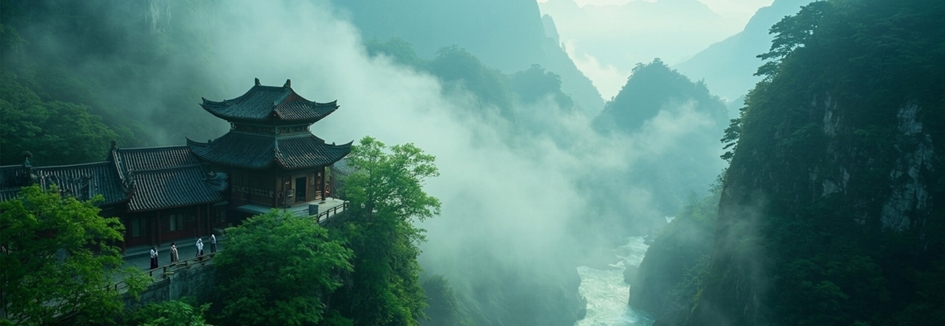 Mountain pavilion enveloped in mist
